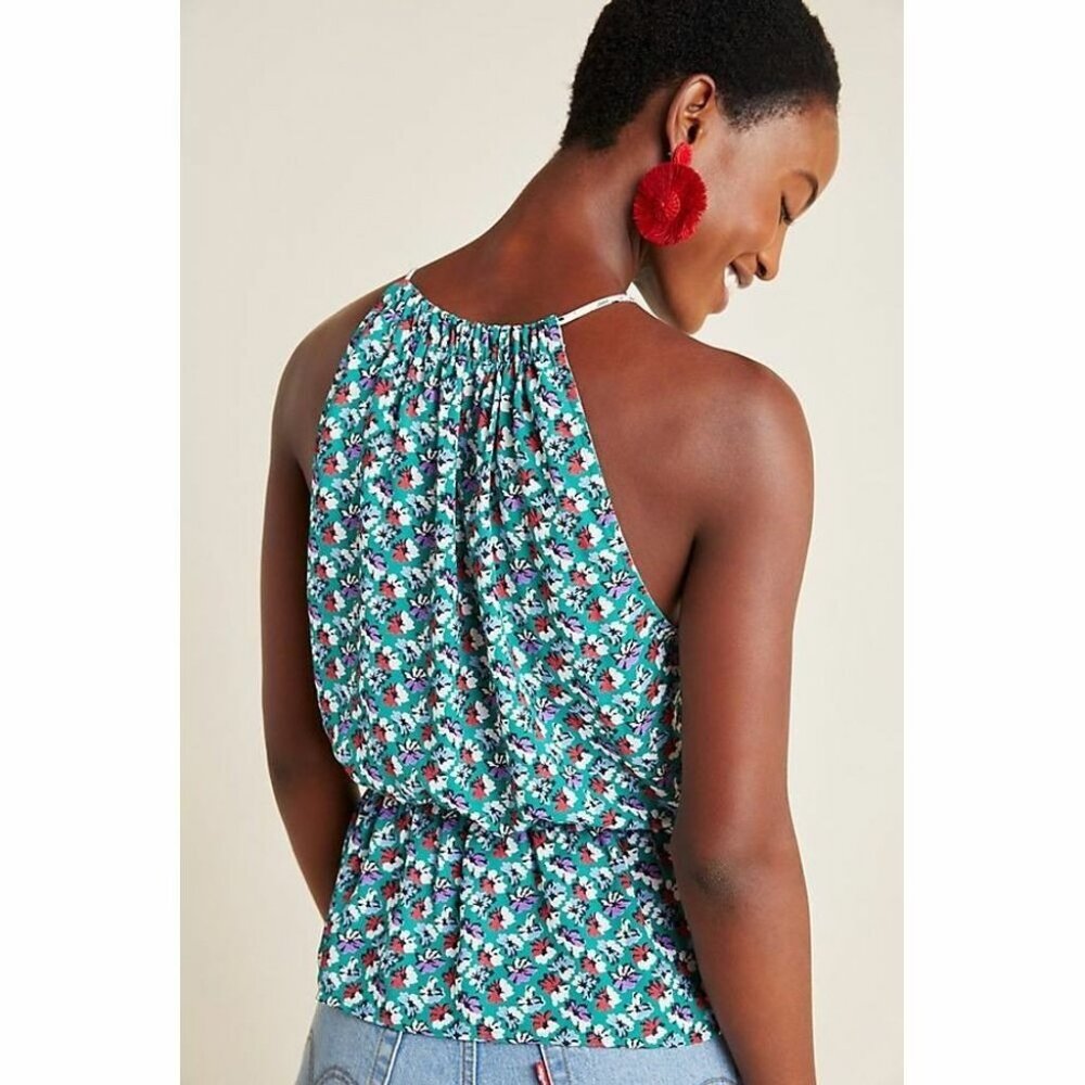 Anthropologie Floral Sleeveless Halter Peplum Top Tie Detail Green Multicolor - Picture 9 of 9